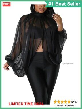 Women Sheer Chiffon Blouse Batwing Sleeve Open Back Mock Neck Tunic Top